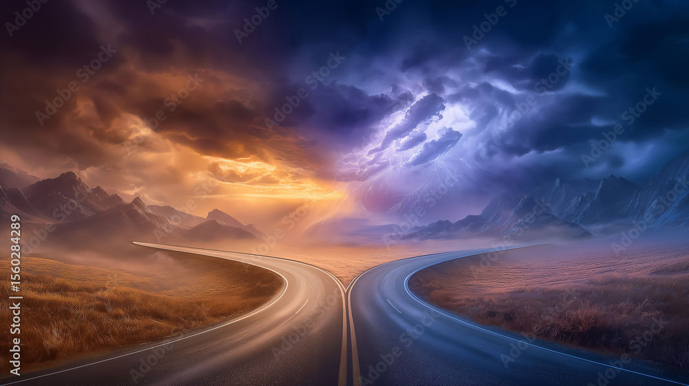 Fototapeta premium Forked road leads to contrasting weather conditions with storm clouds on one side and sun rays on the other. Depicts metaphor for decision making and risk assessment