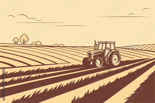 Vintage tractor working on striped farmland with retro farming line design