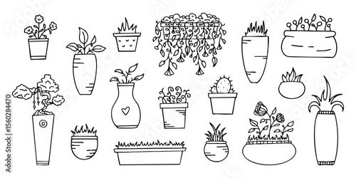 Plants in pots, outline hand drawings of different house gardening flowers, set of decorative floral design elements. Stickers and doodle art. Vector illustration.