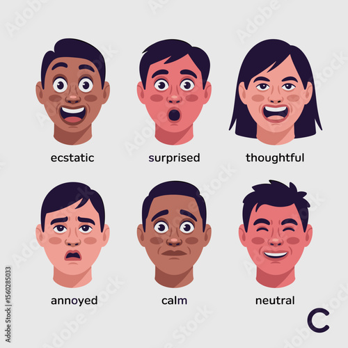 Illustrations showing different human emotions: ecstatic, surprised, thoughtful, annoyed, calm, neutral expressions