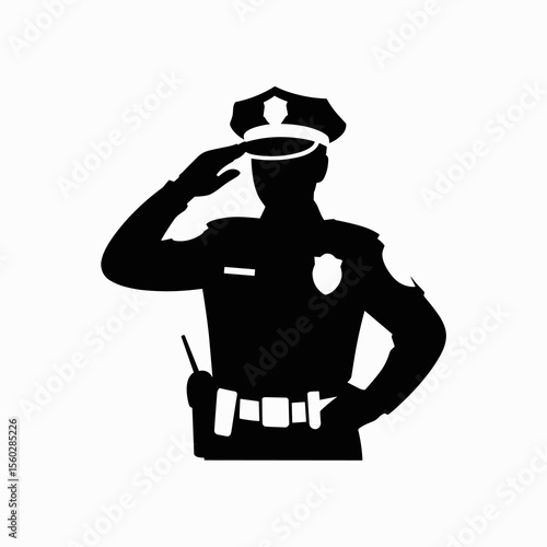 Silhouette of police officer saluting, law enforcement official standing, vector graphic