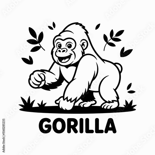 Cartoon gorilla vector illustration, primate animal smiling in forest background