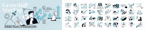 Growth and startup concept illustrations. Set of people vector illustrations in various activities of business, marketing, strategy, planning, data analytics, startup, launch product, success.