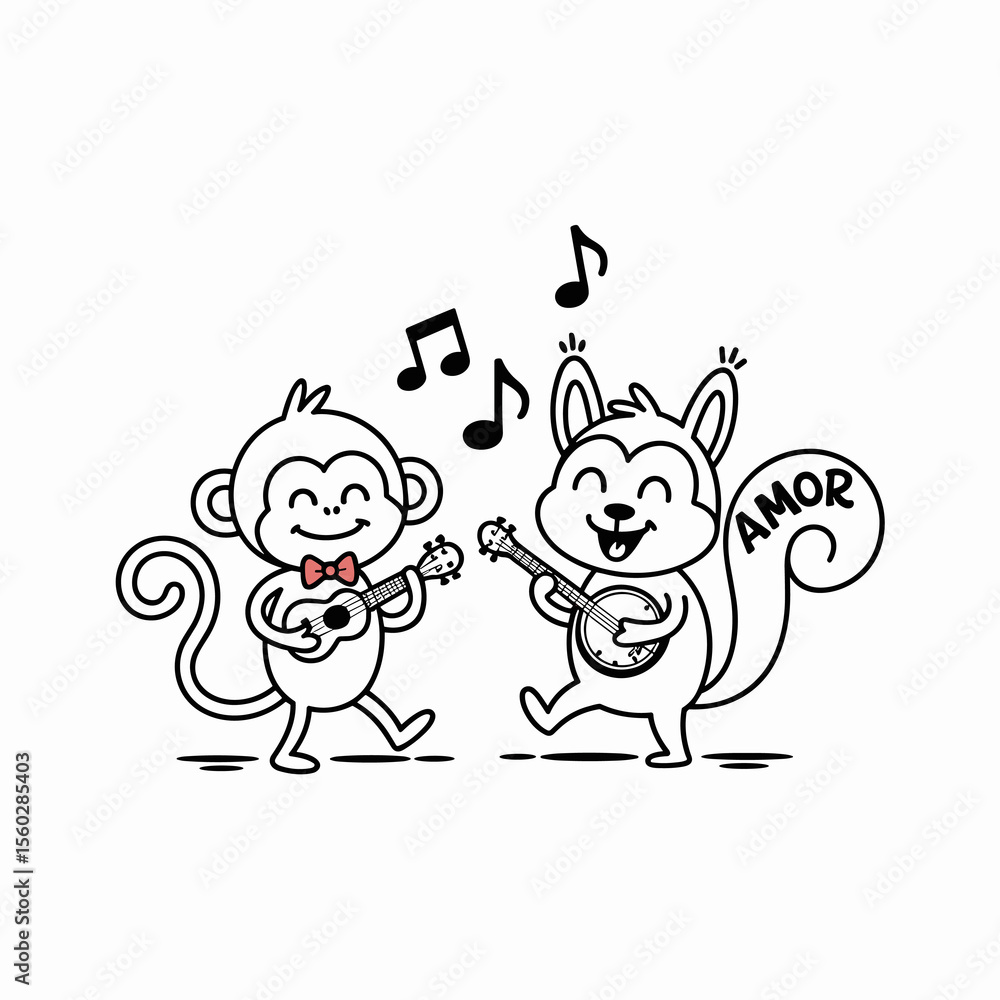 Naklejka premium Cartoon monkey squirrel musicians playing instruments with musical notes, friendship, love, black and white illustration