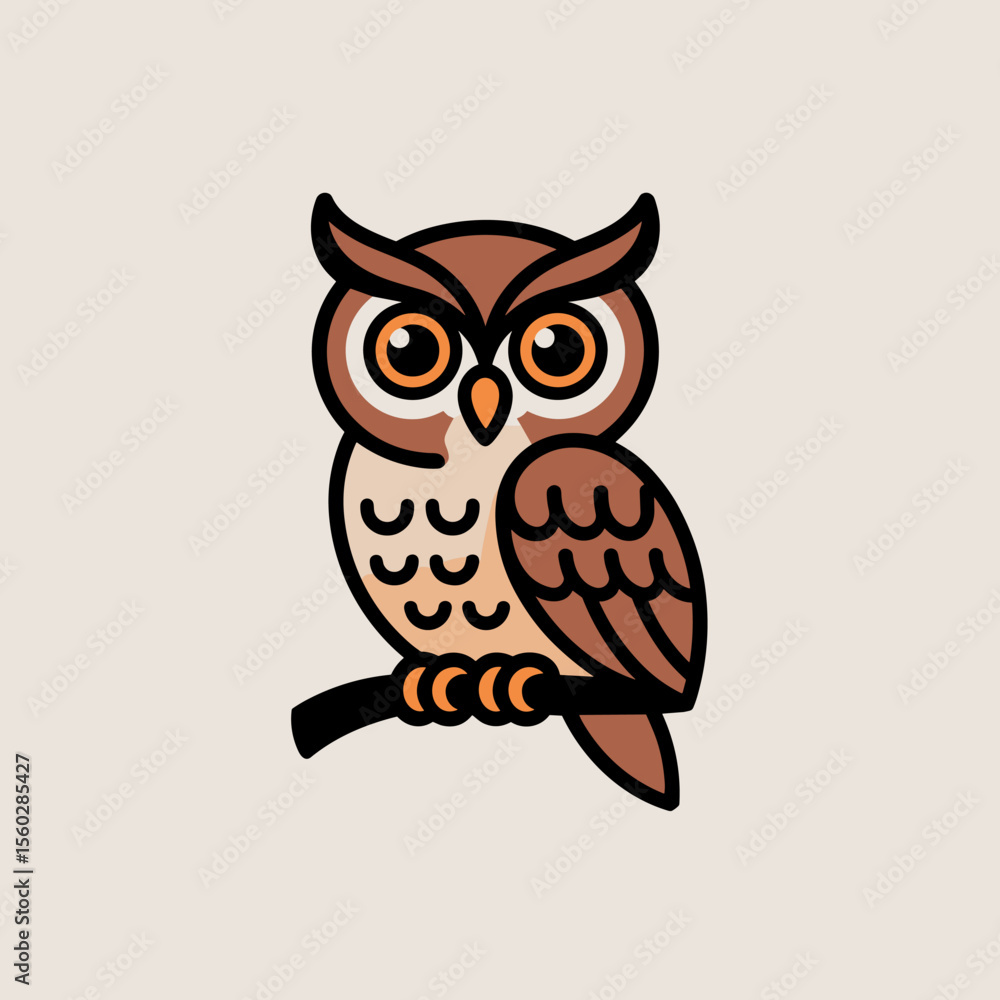 Obraz premium Cartoon owl illustration sitting on branch. Animal, nature, cute, bird, wildlife, drawing, cartoon, vector, icon, design