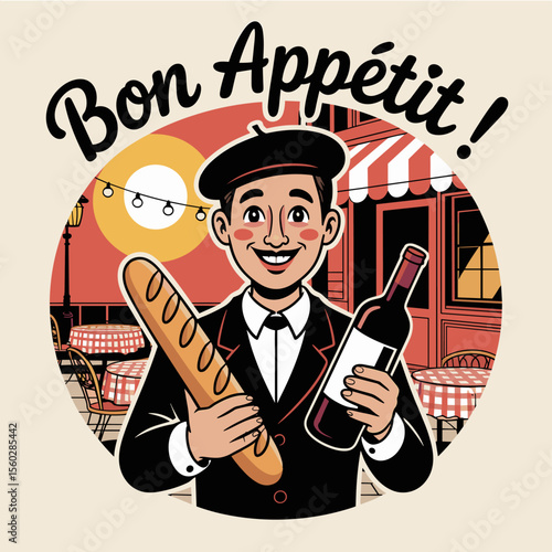 French man with baguette and wine, bon appetit illustration, food and drink lifestyle
