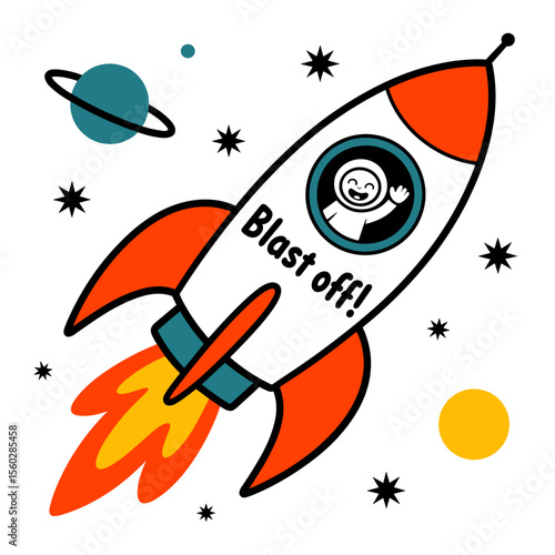 Cartoon astronaut in rocket blasting off to space with planet and stars illustration