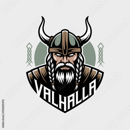 Viking warrior mascot logo with horns, Valhalla text, Norse mythology concept