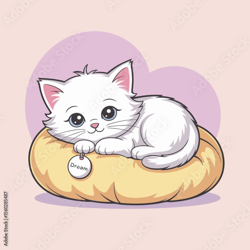 Cute cartoon white kitten dream on yellow cushion, pet illustration