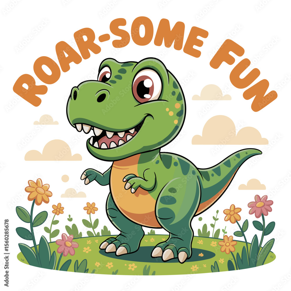 Naklejka premium Cartoon dinosaur, roar-some fun, cute reptile on grass with flowers and clouds background