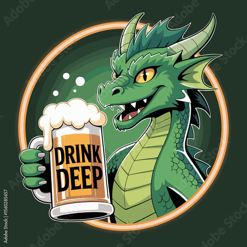 Green dragon drinking beer with froth in mug with drink deep text, cartoon illustration