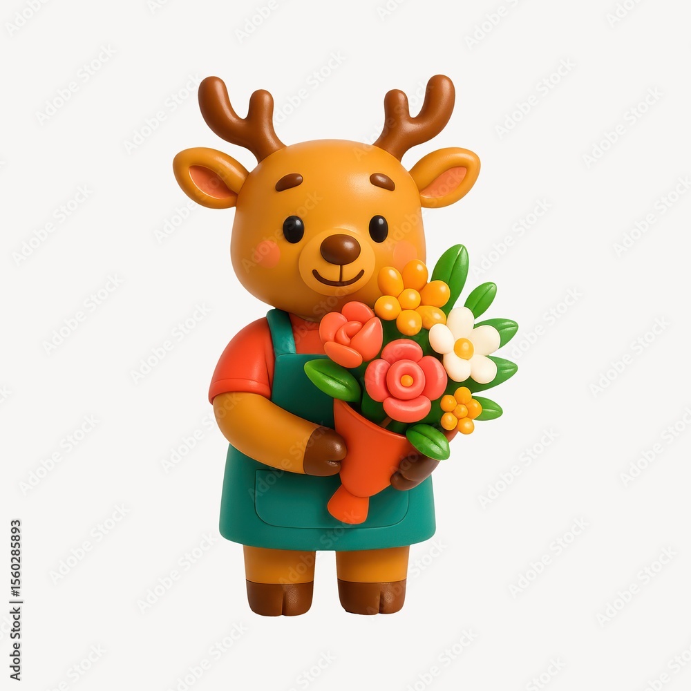 Obraz premium Cute deer holding flowers illustration.