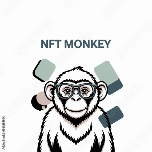 NFT monkey wearing glasses, cartoon ape illustration, digital art, blockchain concept