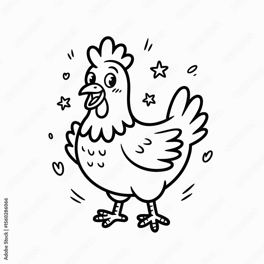 Fototapeta premium Cartoon chicken illustration, happy farm animal, cheerful poultry, cute bird, star, heart, doodle, black and white