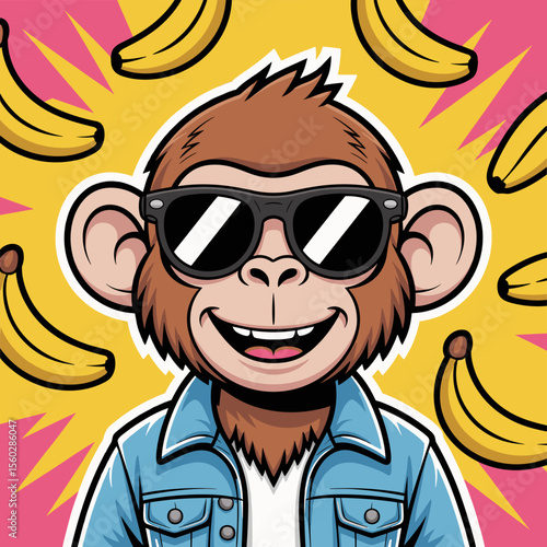 Cartoon monkey wearing sunglasses and denim jacket with bananas background. Cheerful