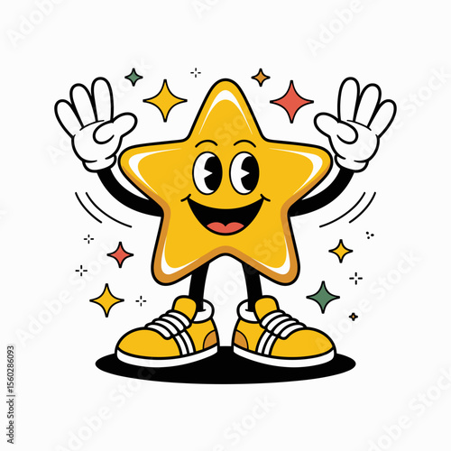 Cartoon star character, happiness, vintage, retro style, cheerful, happy, mascot
