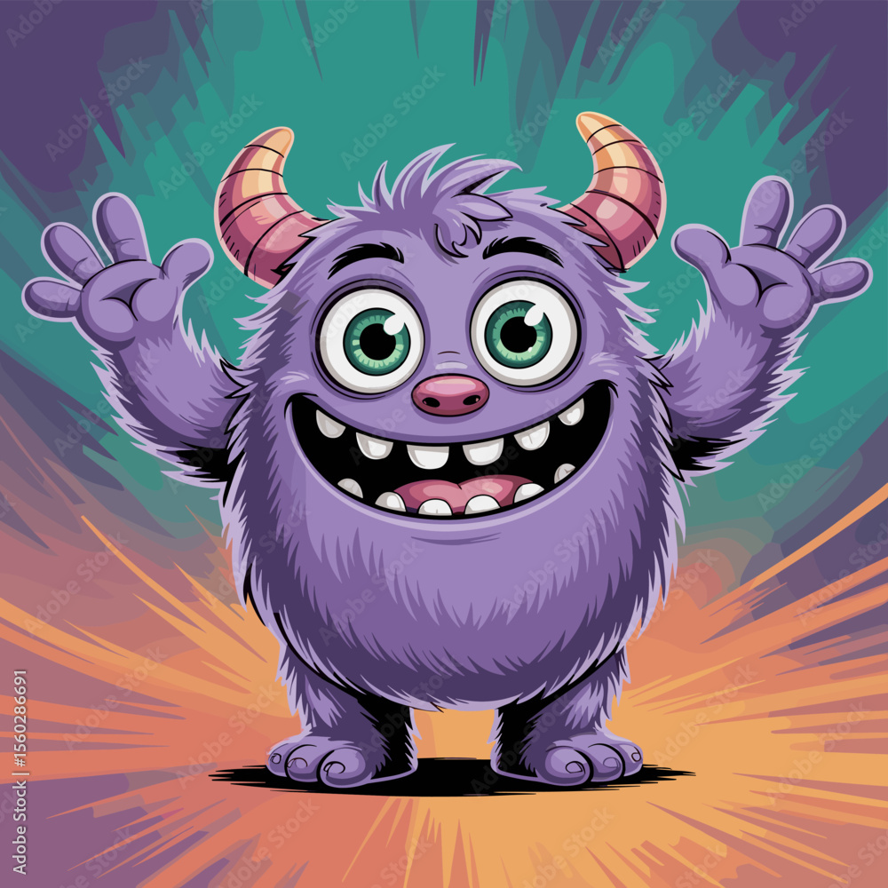 Cartoon monster with happy expression, fluffy, purple, friendly, fun, cute, character Cartoon monster with happy expression, fluffy, purple, friendly, fun, cute, character