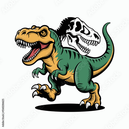 Cartoon tyrannosaurus rex walking with fossil skull, fierce predator extinct dinosaur