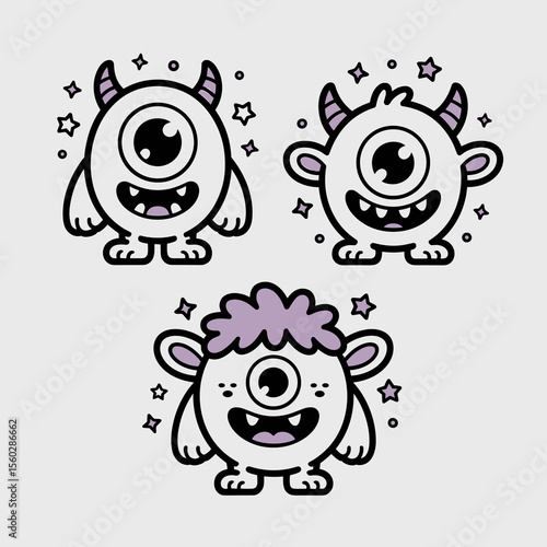 Cute cartoon monsters set illustration, one-eyed characters with horns, stars, and happy smiles