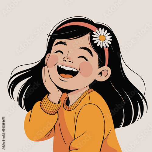 Smiling happy girl with flower headband laughing, joy, child, young, cheerful, youth, kid