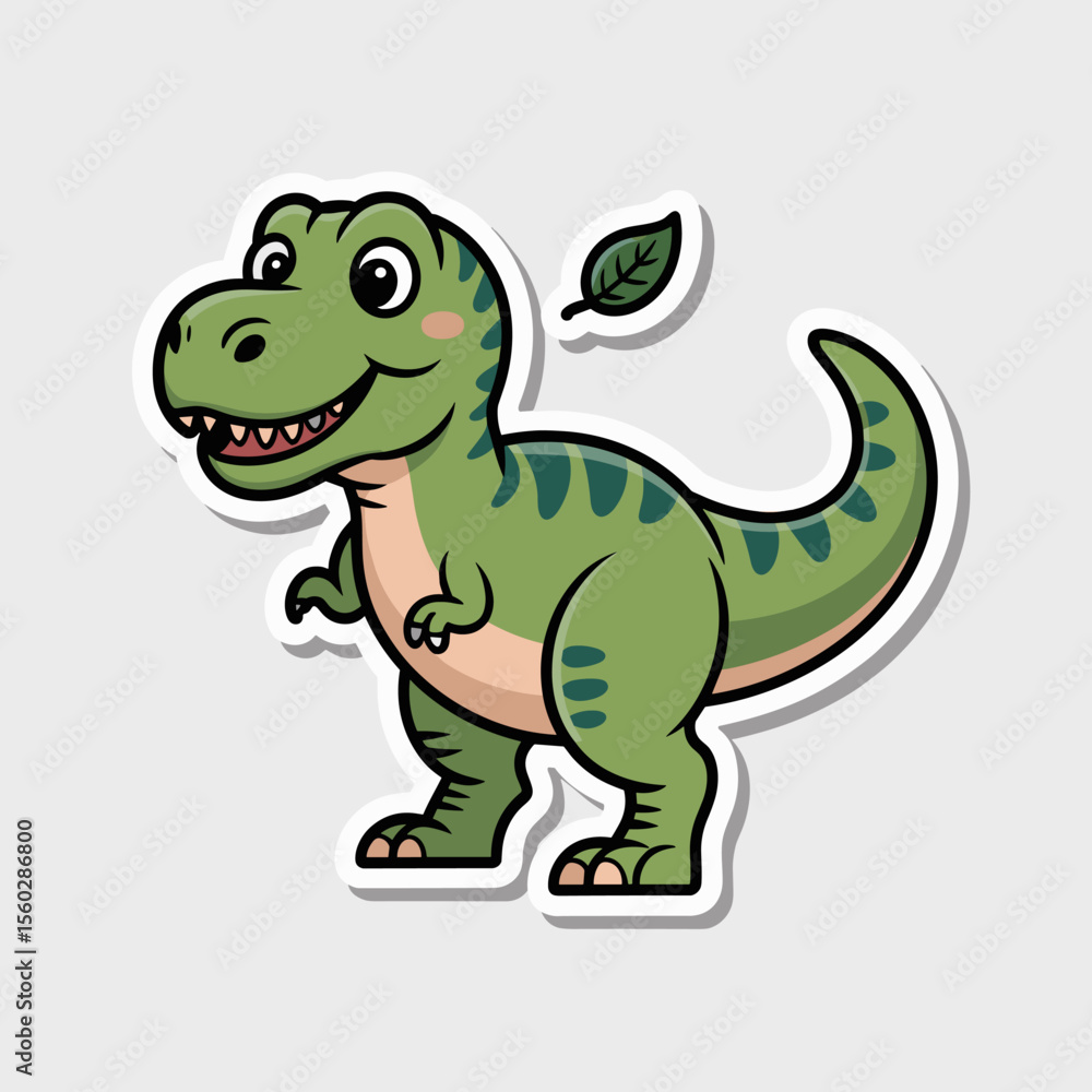 Naklejka premium Cartoon dinosaur with leaf, cute green T-Rex, prehistoric animal sticker