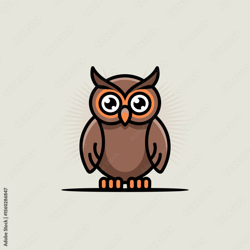 Obraz premium Cute cartoon owl illustration with big eyes sitting on branch, adorable wildlife bird