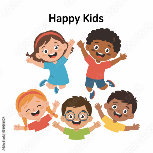 Happy kids jumping: multi-ethnic children group joyfully jumping, childhood concept