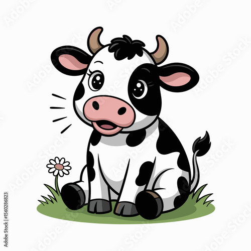Cartoon black and white cow sitting in grass next to flower, animal illustration