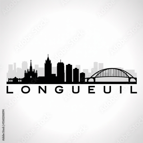 Longueuil Skyline Silhouette — Quebec Riverfront Cityscape Vector Illustration