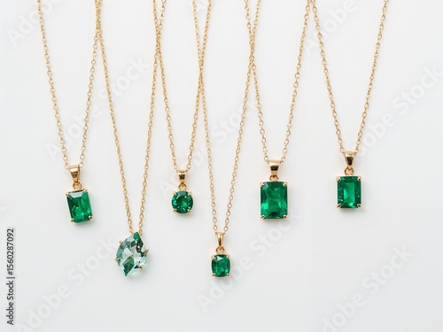 Different emerald necklace design on plain white background