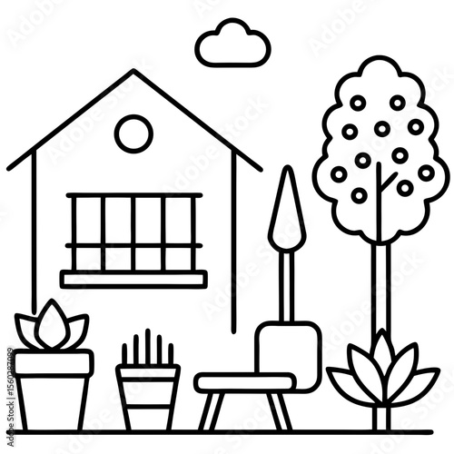 A cozy backyard with flower beds, a bench, garden tools, potted plants, and trees. Flat, friendly illustration.