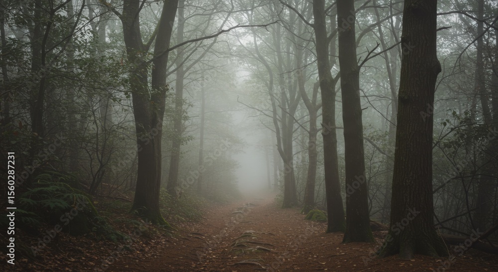 Fototapeta premium Foggy Forest Path Autumn Woods Landscape