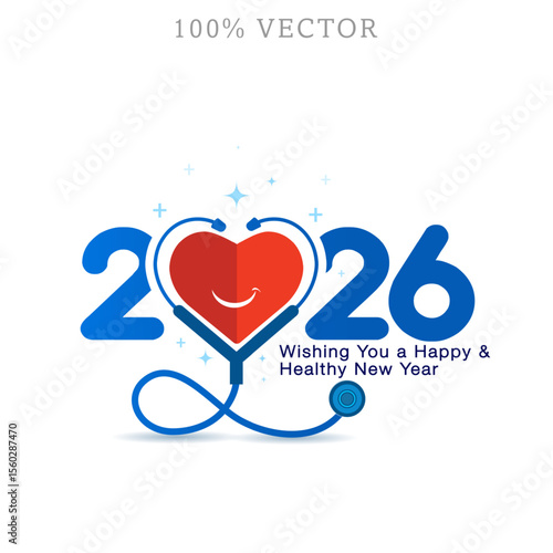 Happy New Year 2026. Healthy wishes and welcome concept design with heart and stethoscope.