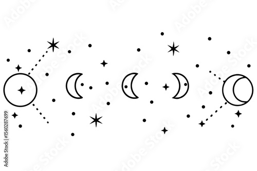 Minimalist Moon Phase Line Art with Stars and Constellations"