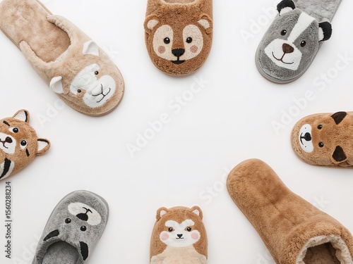 Different animal shaped slippers design on plain white background