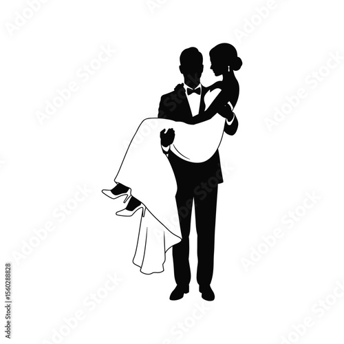 Silhouette of groom carrying bride wedding vector illustration black and white romantic couple