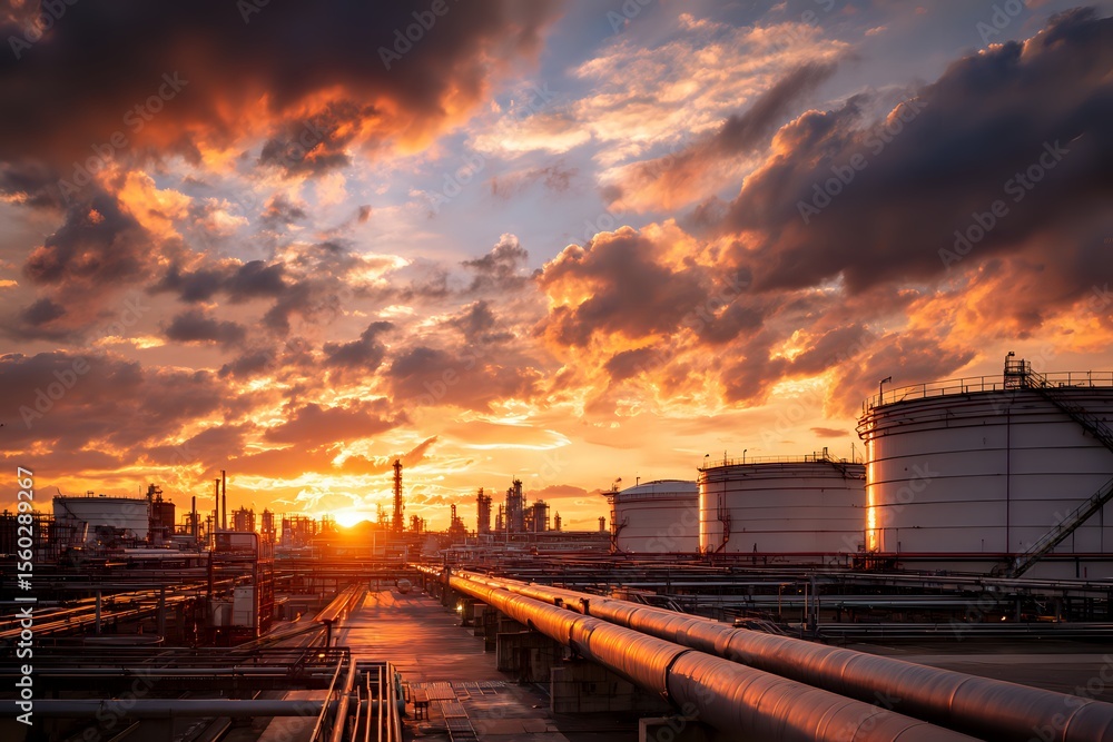 Fototapeta premium Sunset Over Oil Refinery Industrial Complex