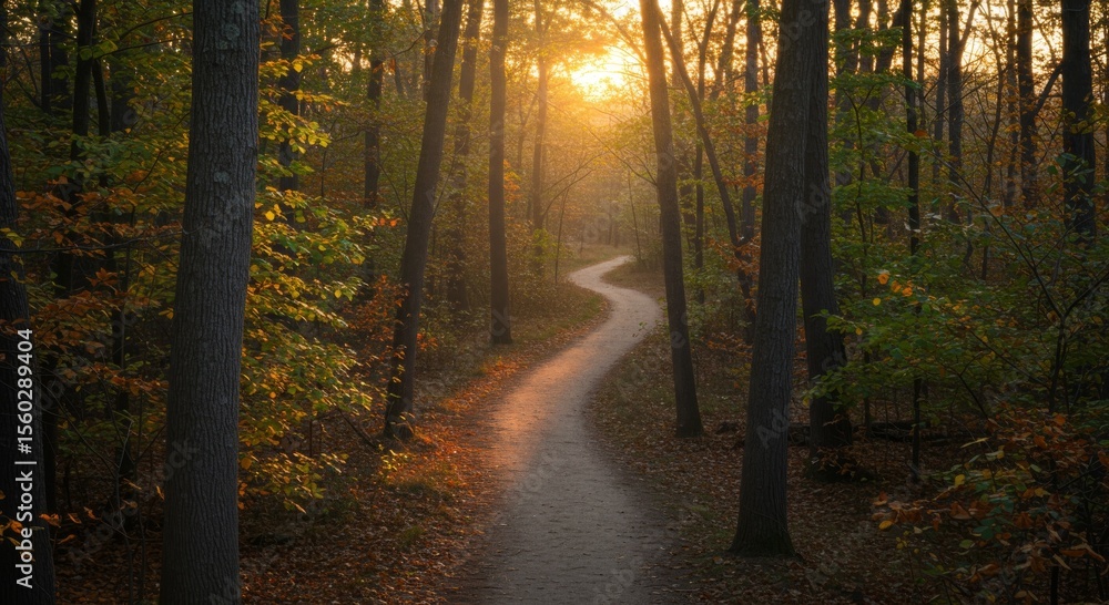 Obraz premium Autumnal Forest Path at Sunset