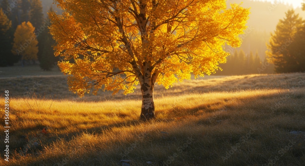 Fototapeta premium Single Birch Tree with Golden Autumn Leaves in a Sunrise Field