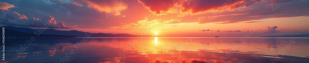 Fototapeta premium Serene Sunset Reflection Calm Water and Vibrant Sky at Tranquil Waterfront, Perfect for Travel, Nature, and Serenity Themes in Websites, Brochures, and Publications