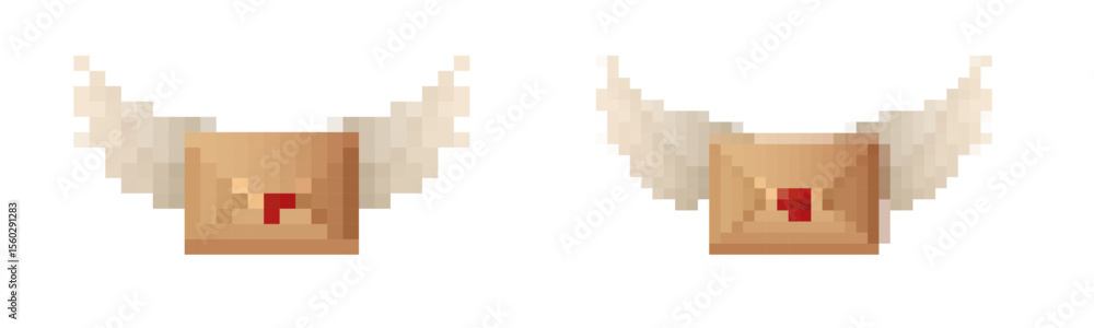 Obraz premium Pixelated envelope with wings, styled in retro 8 bit. ideal for nostalgic game icons and design.