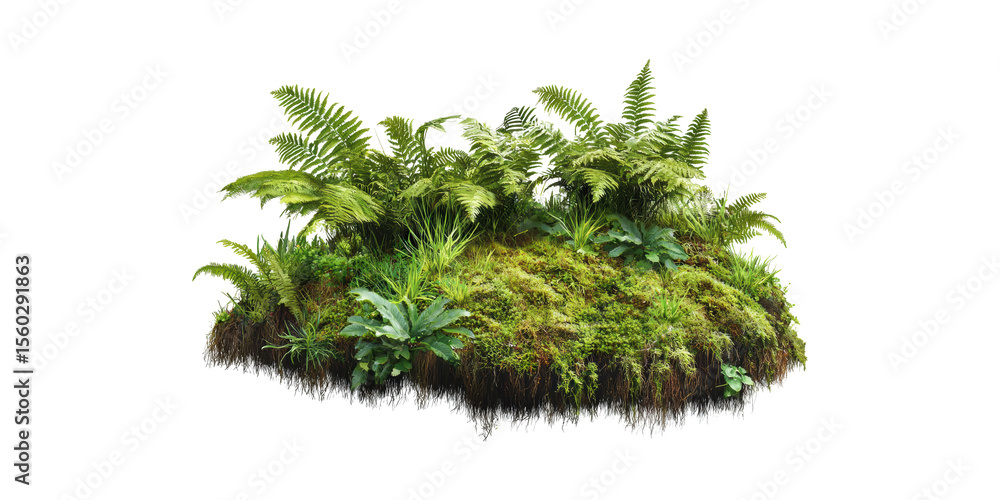 Lush Green Ferns And Moss Floating Soil. Natural Ecosystem And Biodiversity Concept Isolated On Transparent Background Lush Green Ferns And Moss Floating Soil. Natural Ecosystem And Biodiversity Concept Isolated On Transparent Background