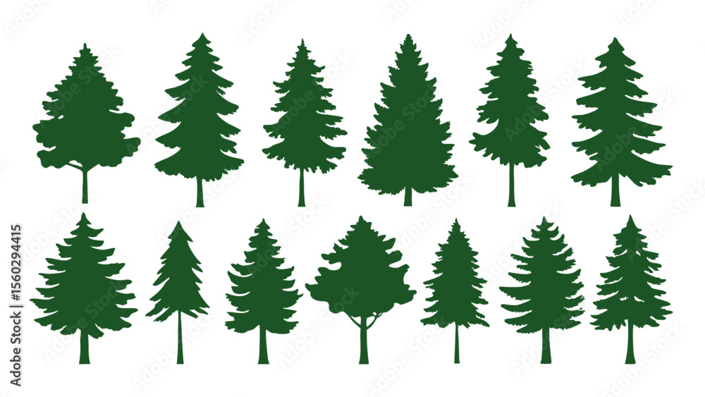 Obraz premium A row of evergreen tree silhouettes in various sizes
