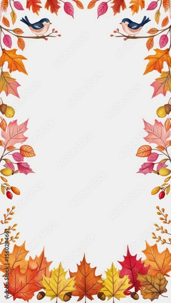 Autumnal frame with colorful leaves and birds Autumnal frame with colorful leaves and birds