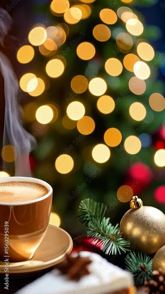 Festive holiday dessert featuring coffee, layered spice cake with cream, and Christmas tree lights in the background Festive holiday dessert featuring coffee, layered spice cake with cream, and Christmas tree lights in the background