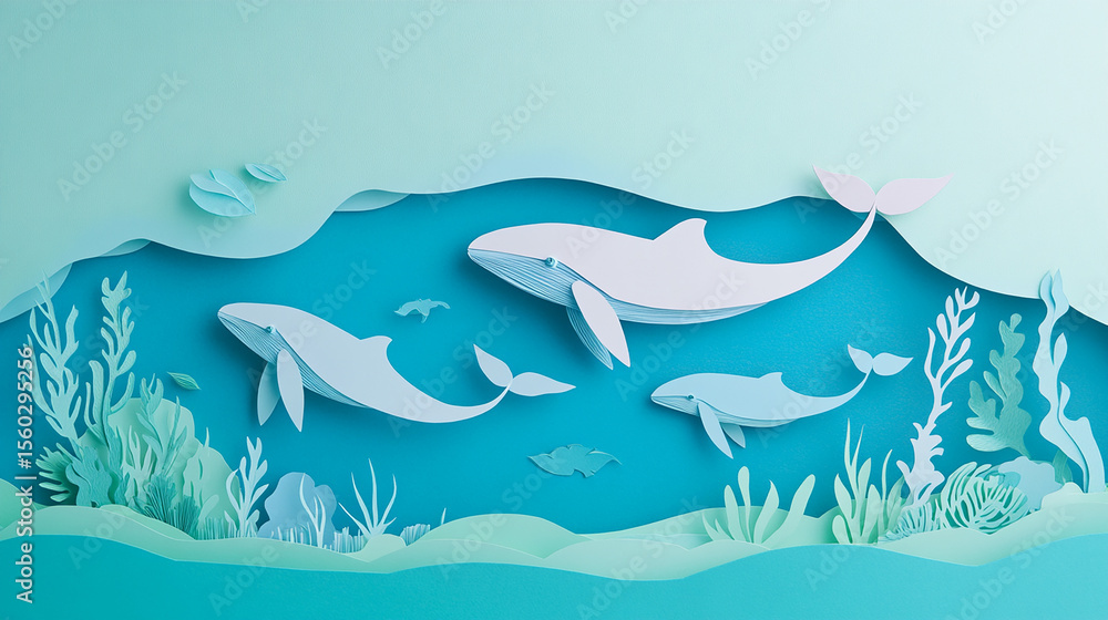 Naklejka premium A vibrant illustration of a clear blue ocean with paper cut whales