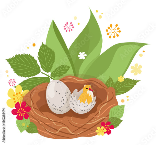 Nest with egg and chick among grass and flowers. Vector texture isolated pattern. Cute offspring of small birds. Bright spring and summer colors. Green, yellow, red
