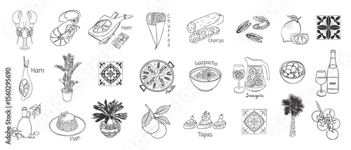 Spanish vacation vibe set in sketch style. Hand drawn Mediterranean food, paella, sangria, tapas, gazpacho, churros, chorizo. Coastal collection for card, print, wedding invitation, menu design