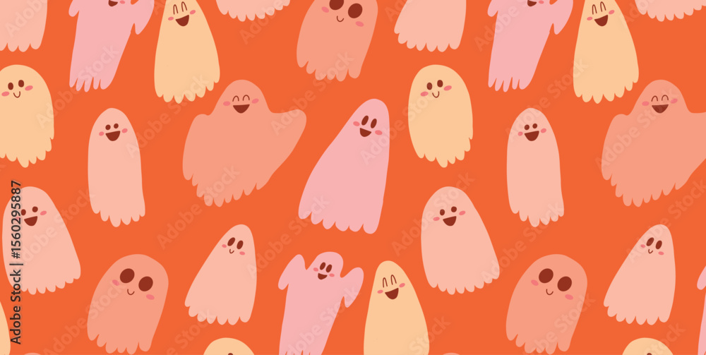 Fototapeta premium Seamless Pattern with Smiling Cute Ghosts in Soft Pastel Colors. Happy Emotions, Blushing Faces. Hand Drawn Halloween Design on Orange Background. Flat Graphic Vector Illustration