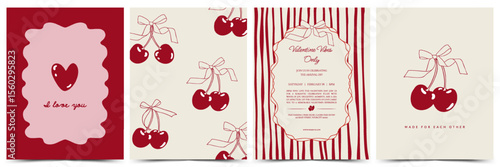 Valentine's Day card set in vintage style. Template with hearts, cherry, bows, coquette frame. For celebration, poster, banner, ads, branding, cover, label, sale